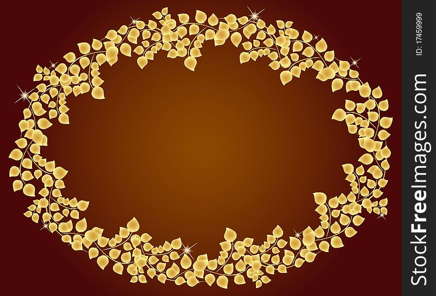 Frame of golden leaf and sparkling stars on a brown background. Beautiful harmonic colors.