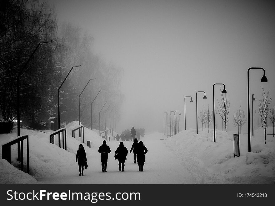 People In Winter Fog With Lamp Post In Black And White