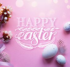 Art Easter Eggs And Beautiful Spring Cherry Tree Flowers On Pink Background. Springtime Easter Background Royalty Free Stock Photos