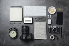 Flat Lay Composition With Equipment For Journalist On Grey Table Stock Images