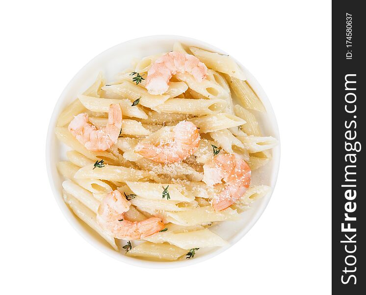 Delicious pasta with shrimps isolated on white, top view