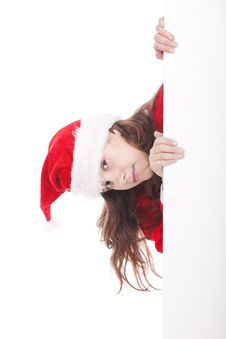 Girl Dressed As Santa Claus Holds Advertisement Stock Photo Girl Dressed As Santa Claus Holds Advertisement Stock Photo