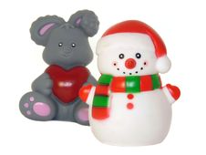 A Snowman And A Rabbit, Christmas Toys Isolated Stock Photos