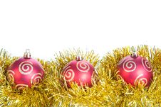 Three Red Christmas Ball And Gold Decoration, Isol Royalty Free Stock Photos