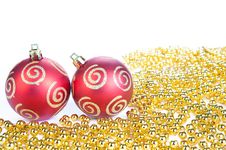 Two Red Christmas Ball And Gold Decoration, Isolat Stock Photography
