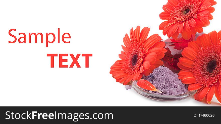 Sea salt with gerbera flowers isolated on a white background