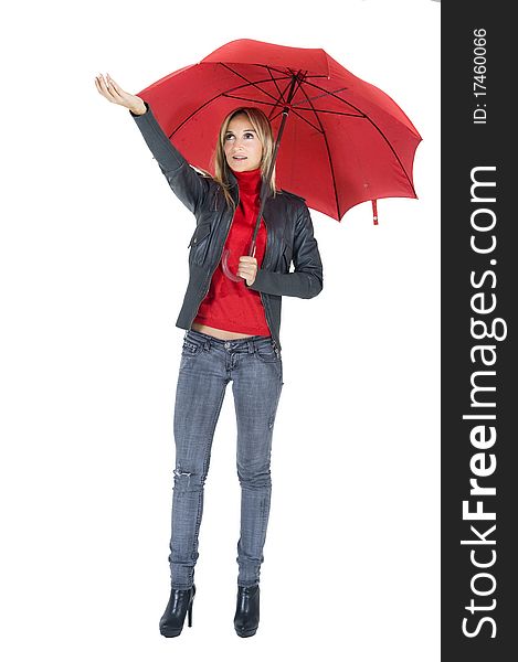 Happy smiling woman under her red umbrella. Happy smiling woman under her red umbrella