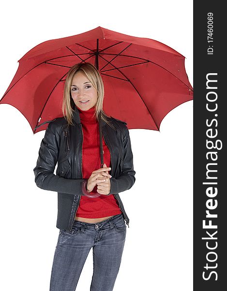 Happy smiling woman under her red umbrella. Happy smiling woman under her red umbrella