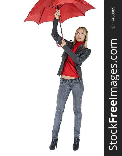 Happy smiling woman under her red umbrella. Happy smiling woman under her red umbrella