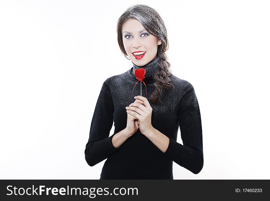 Beautiful smiling woman with heart on white background