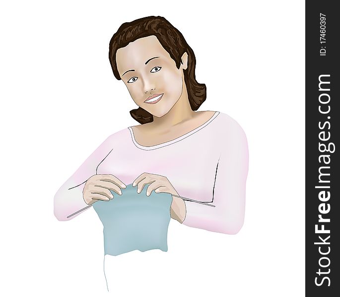 Vector illustration of young knitting woman