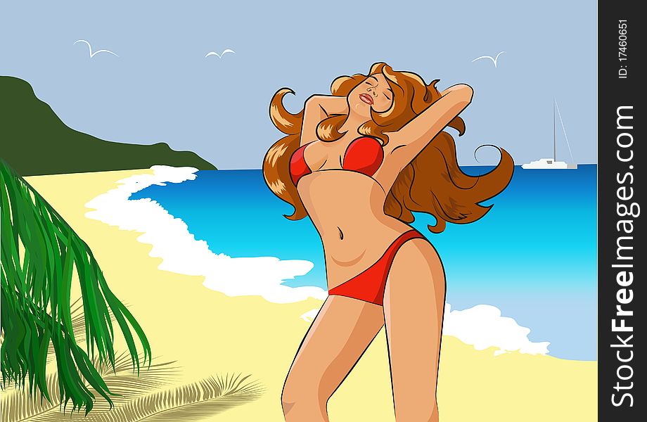 A young woman in a red swimsuit stands by the sea and enjoy the sun and air. A young woman in a red swimsuit stands by the sea and enjoy the sun and air