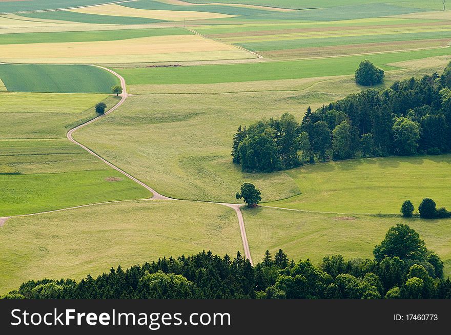Forest and grassland in summer in the Black Forest seen with birds eye view. Forest and grassland in summer in the Black Forest seen with birds eye view