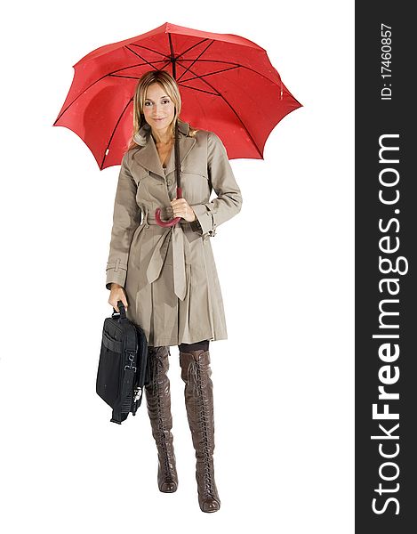 Happy smiling woman with her raincoat and umbrella. Happy smiling woman with her raincoat and umbrella