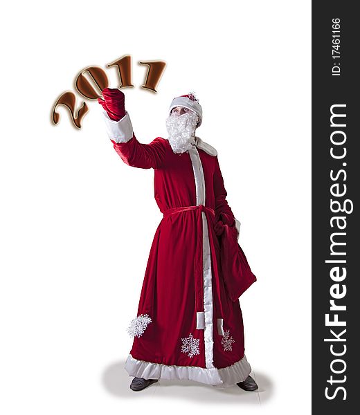 Santa Claus on his outstretched hand holds a new 2011 and congratulates all of the holiday. Santa Claus on his outstretched hand holds a new 2011 and congratulates all of the holiday