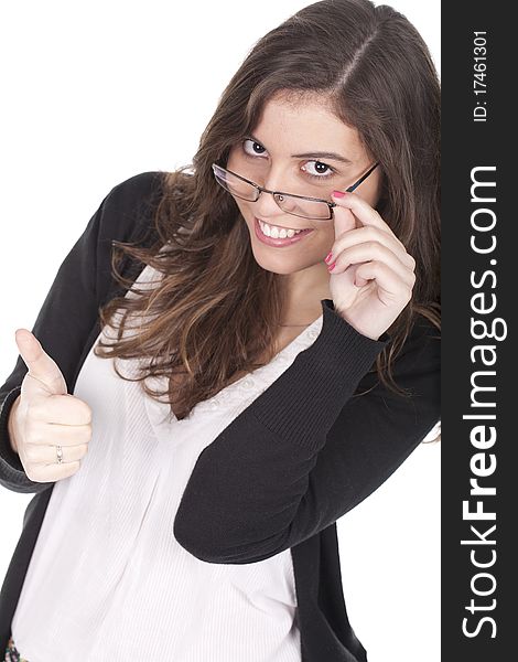 Woman making ok sign with a smile and wearing glasses