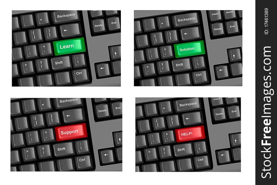 Four pieces of keyboard with highlighted keys. Vector.