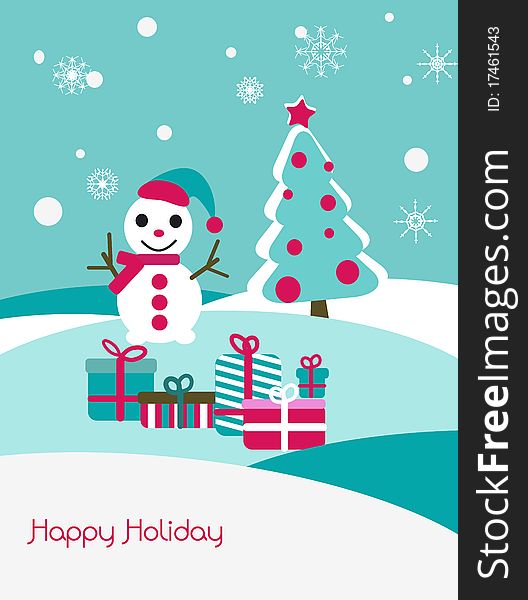 Christmas card with snowman and fir