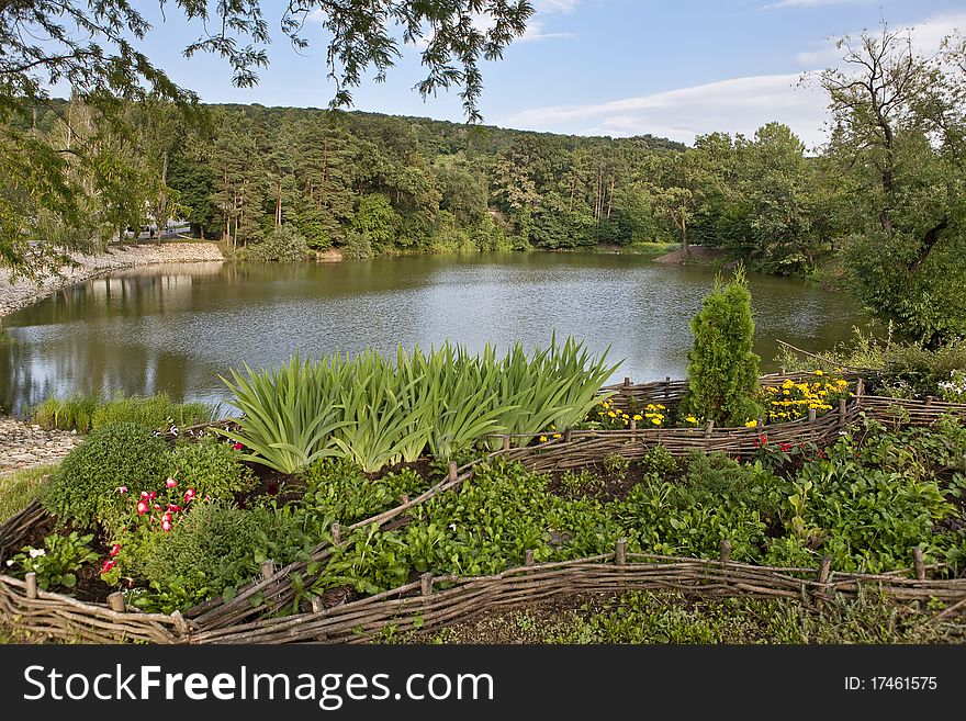 Lake and flowers near forest