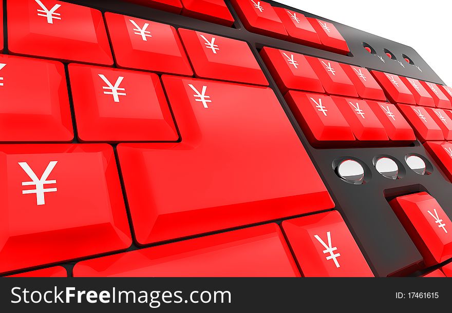 Computer keyboard with red yen money keys. Computer keyboard with red yen money keys