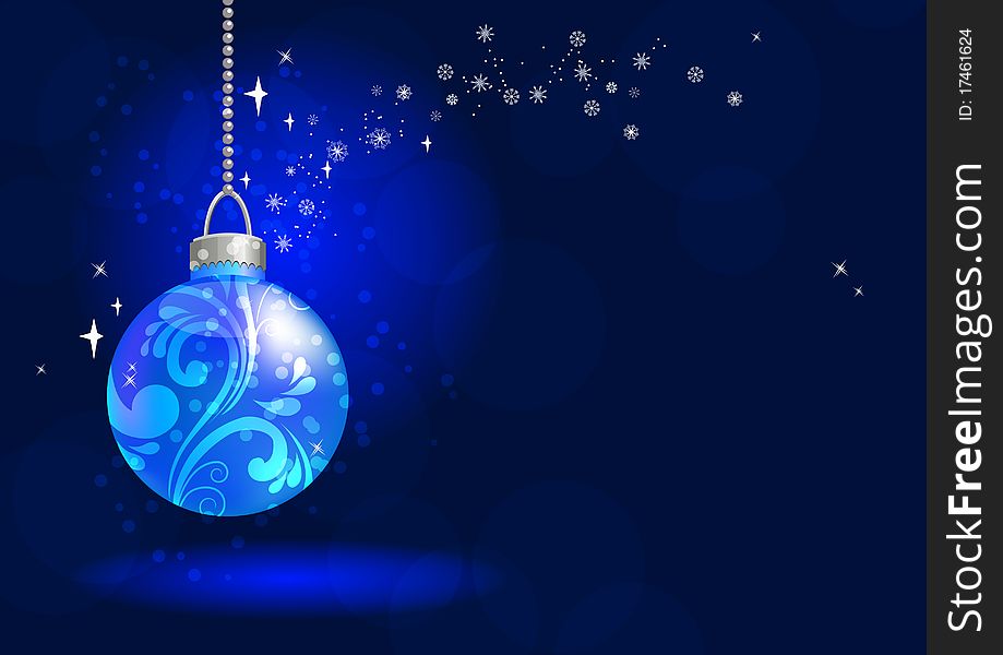 Blue christmas ball hangs on blue background. Blue christmas ball hangs on blue background