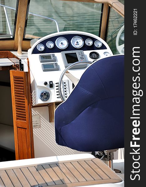 Control platform and gage system of a yacht, shown as entertainment, holiday or marine activity. Control platform and gage system of a yacht, shown as entertainment, holiday or marine activity