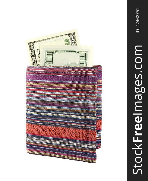Colored fabric purse with money isolated on white. Colored fabric purse with money isolated on white