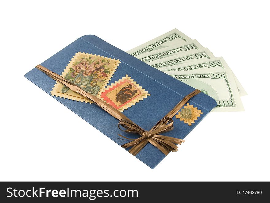 Greeting envelope with money isolated on white