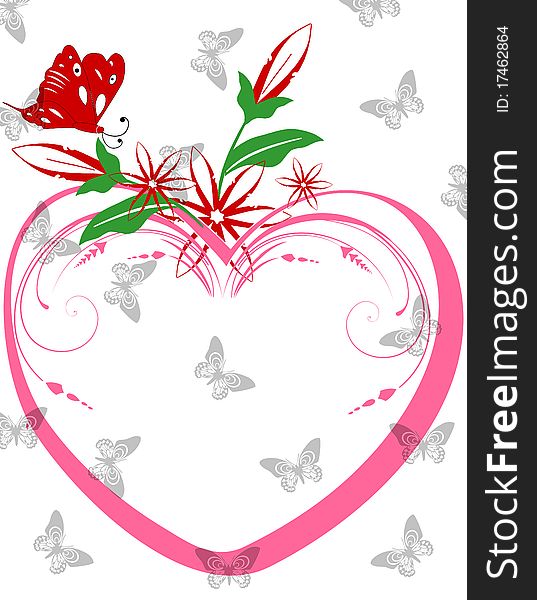 Valentine day background with pink heart and flowers