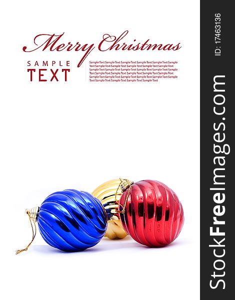 Red and blue christmas blubs on white background with copy space