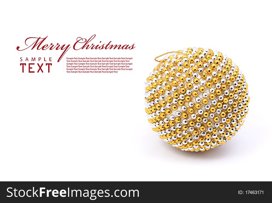 Gold and silver christmas ball on white background with copy space