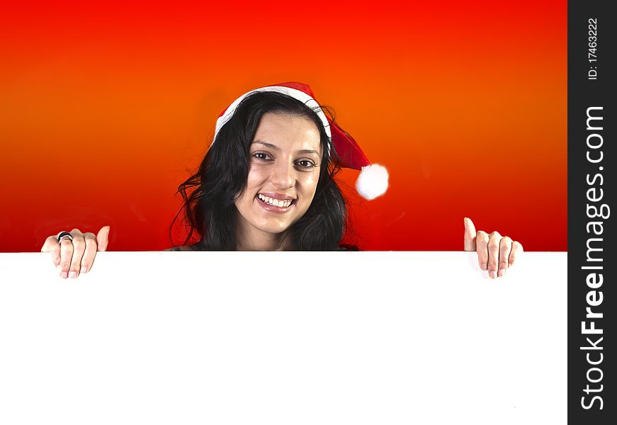 Christmas Woman holding white Billboard