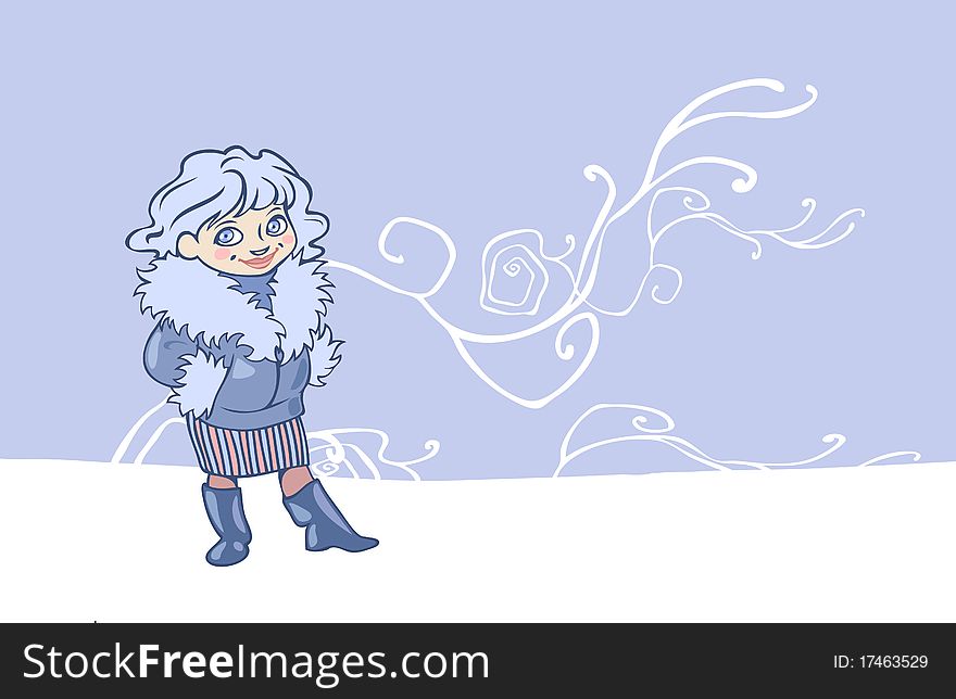Illustration of a fashionable young lady in her fur coat outdoors in winter on a snowy background. Illustration of a fashionable young lady in her fur coat outdoors in winter on a snowy background