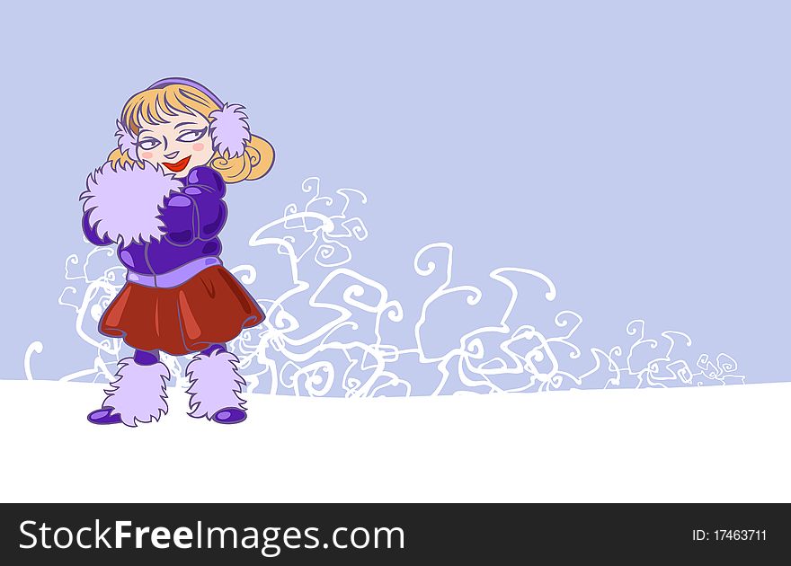 Illustration of a fashionable young lady in her fur coat outdoors in winter on a snowy background. Illustration of a fashionable young lady in her fur coat outdoors in winter on a snowy background