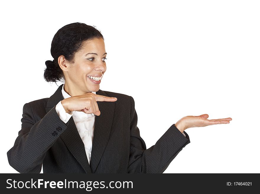 Woman Points With Finger At Palm With Ad Space