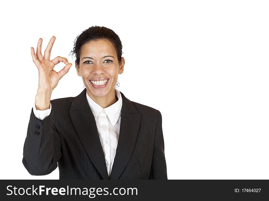 Happy woman shows with fingers a circle