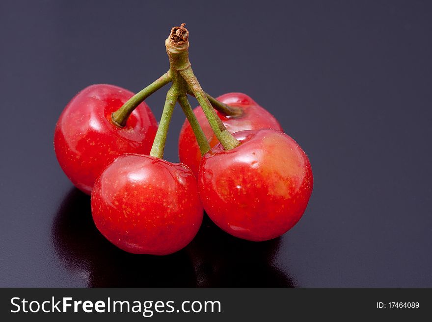 Fresh picked cherries still attached to their stem. Fresh picked cherries still attached to their stem