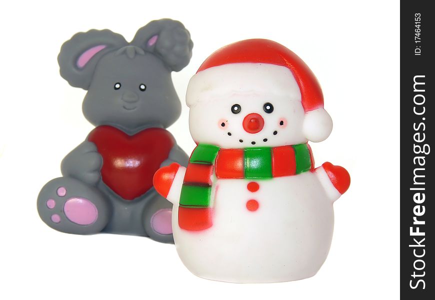 A Snowman And A Rabbit, Christmas Toys Isolated