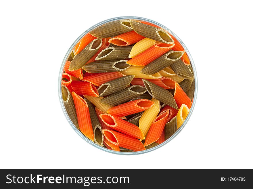 Pasta in glass jar on a white background