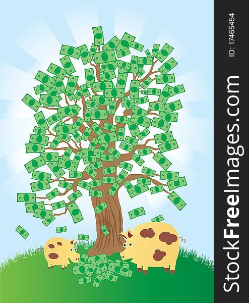 A money tree that grows gold coins on the branches. Some of them are falling onto the ground as two pigs look on.