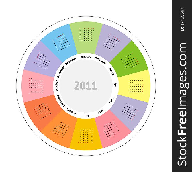 Circular design of colorful calendar for 2011.Week starts on sunday.