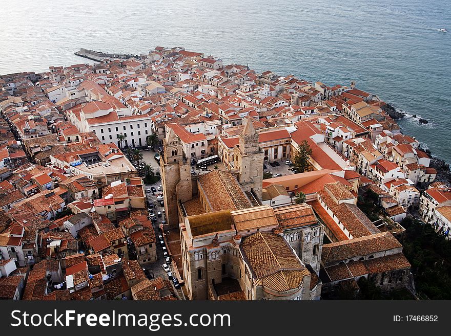 Old town of Cefalu from bird's eye view. Sicily