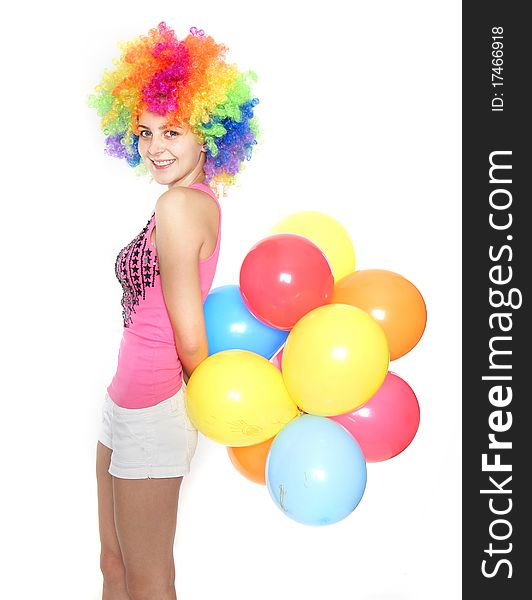 Bright studio portrait of young happy woman with balloons. Bright studio portrait of young happy woman with balloons