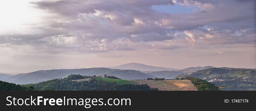 Early morning landscape panorama in Italian countryside. Early morning landscape panorama in Italian countryside