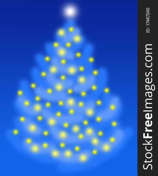 A snowy Christams tree decorated with golden lights glowing in the night. Digital drawing coloured picture. A snowy Christams tree decorated with golden lights glowing in the night. Digital drawing coloured picture.