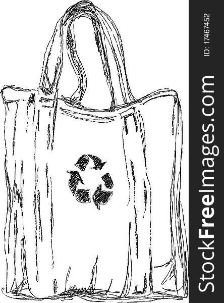 Handmade  sketch of eco bag with recycle symbol.