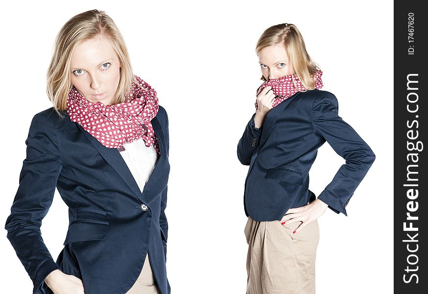 Studio photo of attractive young woman with blonde hair and big eyes.  Isolated over white background.