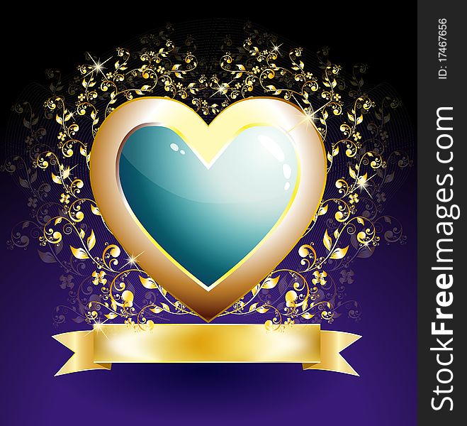 Heart of blue glass with golden flowers and sparkling stars. Heart of blue glass with golden flowers and sparkling stars.