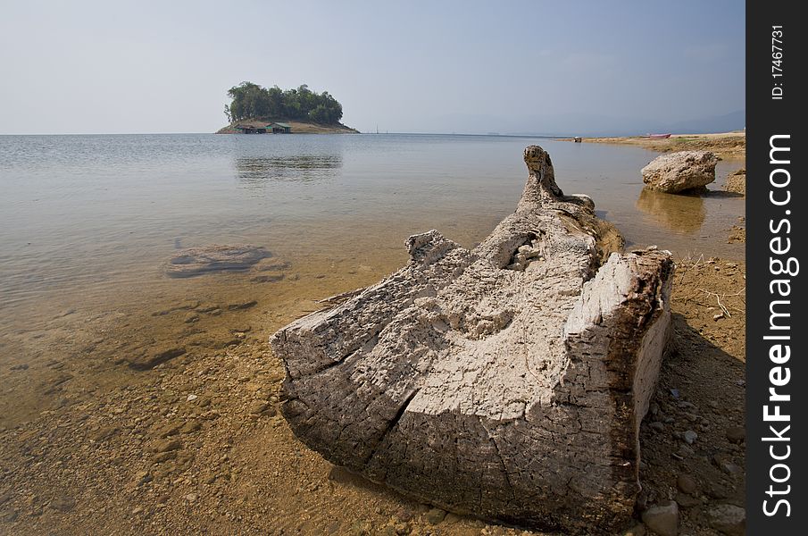 Old trunk on the rock beach. Old trunk on the rock beach