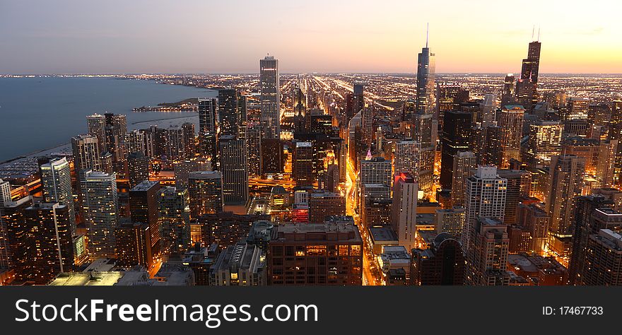 View to Downtown Chicago / USA from high above at twilight